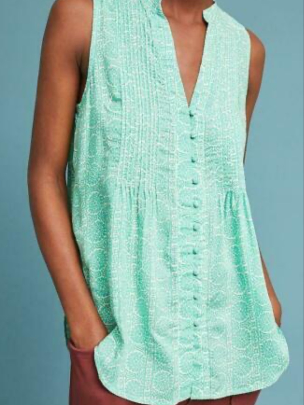 Anthropologie Green Printed Sleeveless Button-Down Camisole